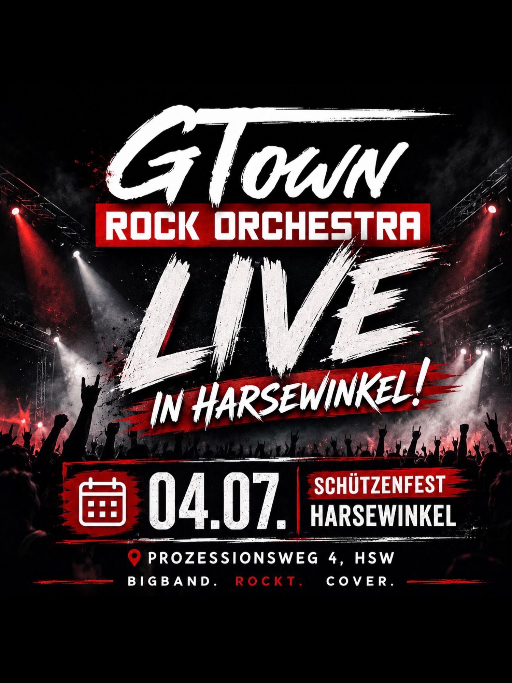 🔥 HARSEWINKEL, SEID IHR BEREIT?! 🔥  Wir bringen das Bürgerschützenfest des @bsvharsewinkel zum Beben! 🎸🎺  Am 04.07. liefern wir euch die größten Hits in eigenen Bigband-Arrangements!  📍 Prozessionsweg 4, HSW
🎶 Schützenfest Harsewinkel
⏰ ab ca. 20 Uhr  Kommt vorbei, bringt eure Leute mit und lasst uns gemeinsam eskalieren 🤘  Wusstet ihr, dass es für 2 aus der Band ein Heimspiel ist? 🤩  Wir sehen uns vor der Bühne!  @damenkompanie_bsv_harsewinkel @stadt.harsewinkel  #GTownRockOrchestra #LiveMusik #Harsewinkel #Schützenfest